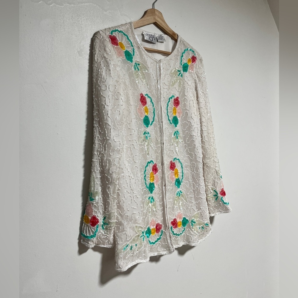 Vintage Cervelle White Beaded Floral Jacket – 100% Silk, Made in India, Small - Picture 3 of 13